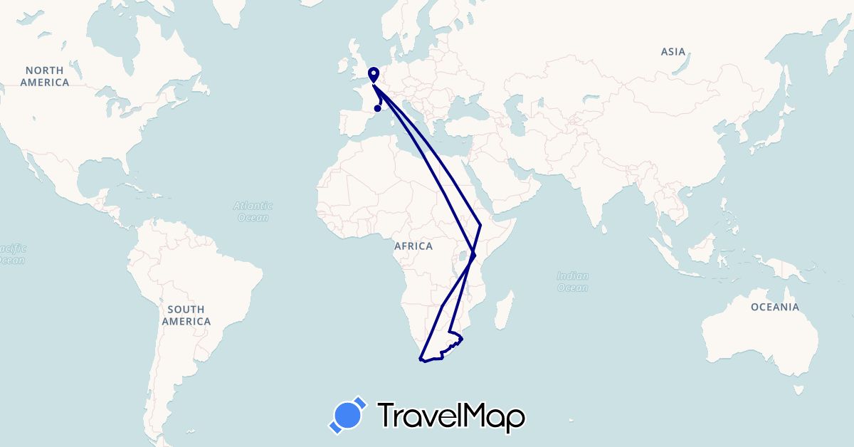 TravelMap itinerary: driving in Ethiopia, France, Kenya, South Africa, Zimbabwe (Africa, Europe)